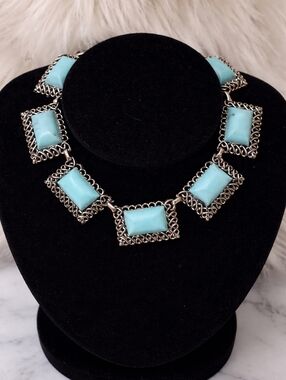 Vintage Faux Turquoise Cabochon Choker Necklace Silver Tone Statement Collar